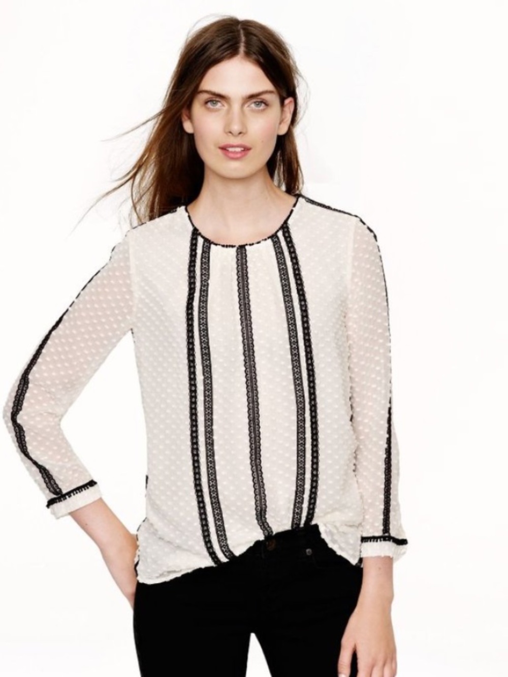 J. Crew Cream Swiss Dott Chiffon Blouse with Black Trim